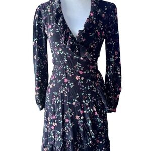 Maje Floral Ruffle Wrap Dress Black Long Sleeve Mini Parisian